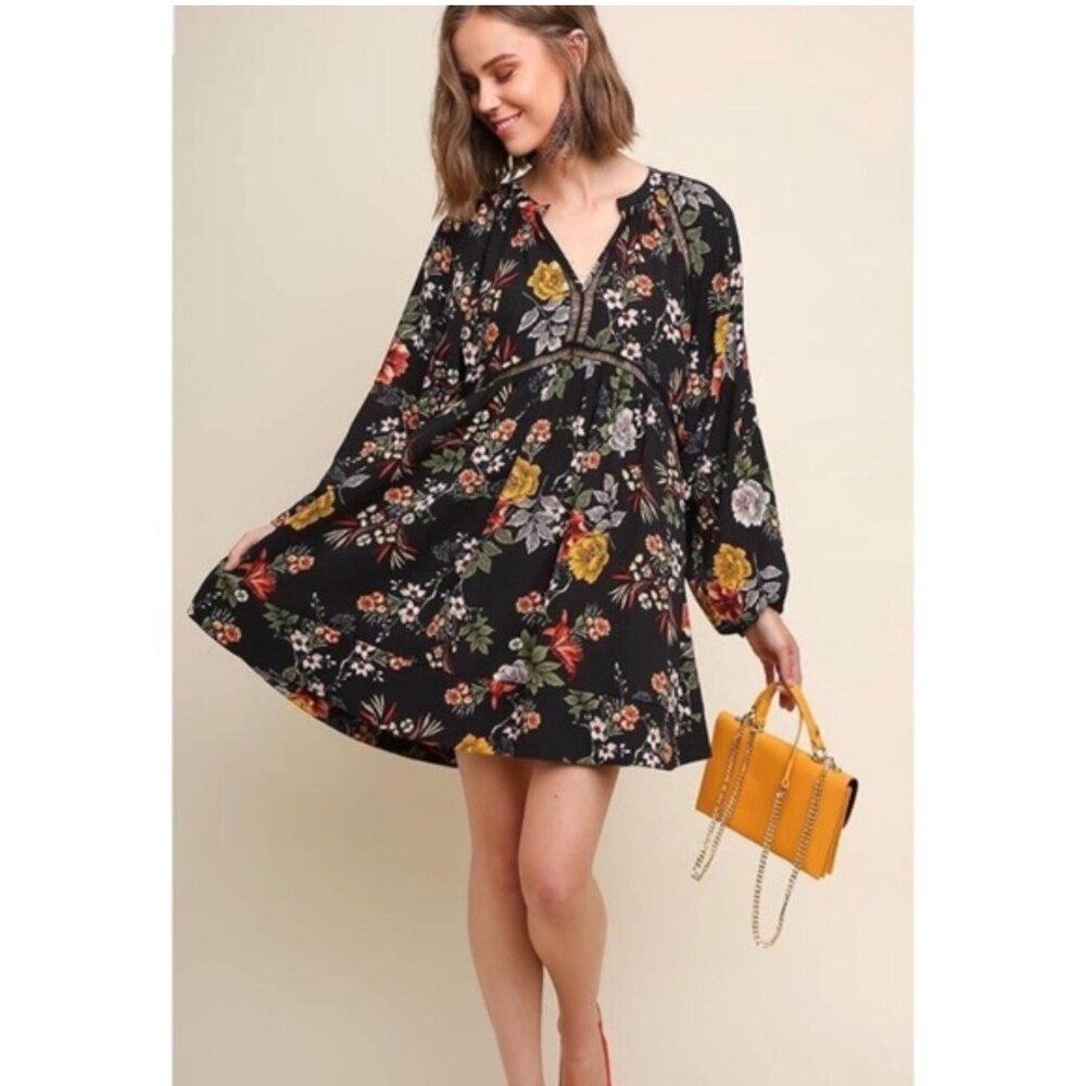 Umgee Small Dress Tunic Black Fall Summer Floral Boho Babydoll